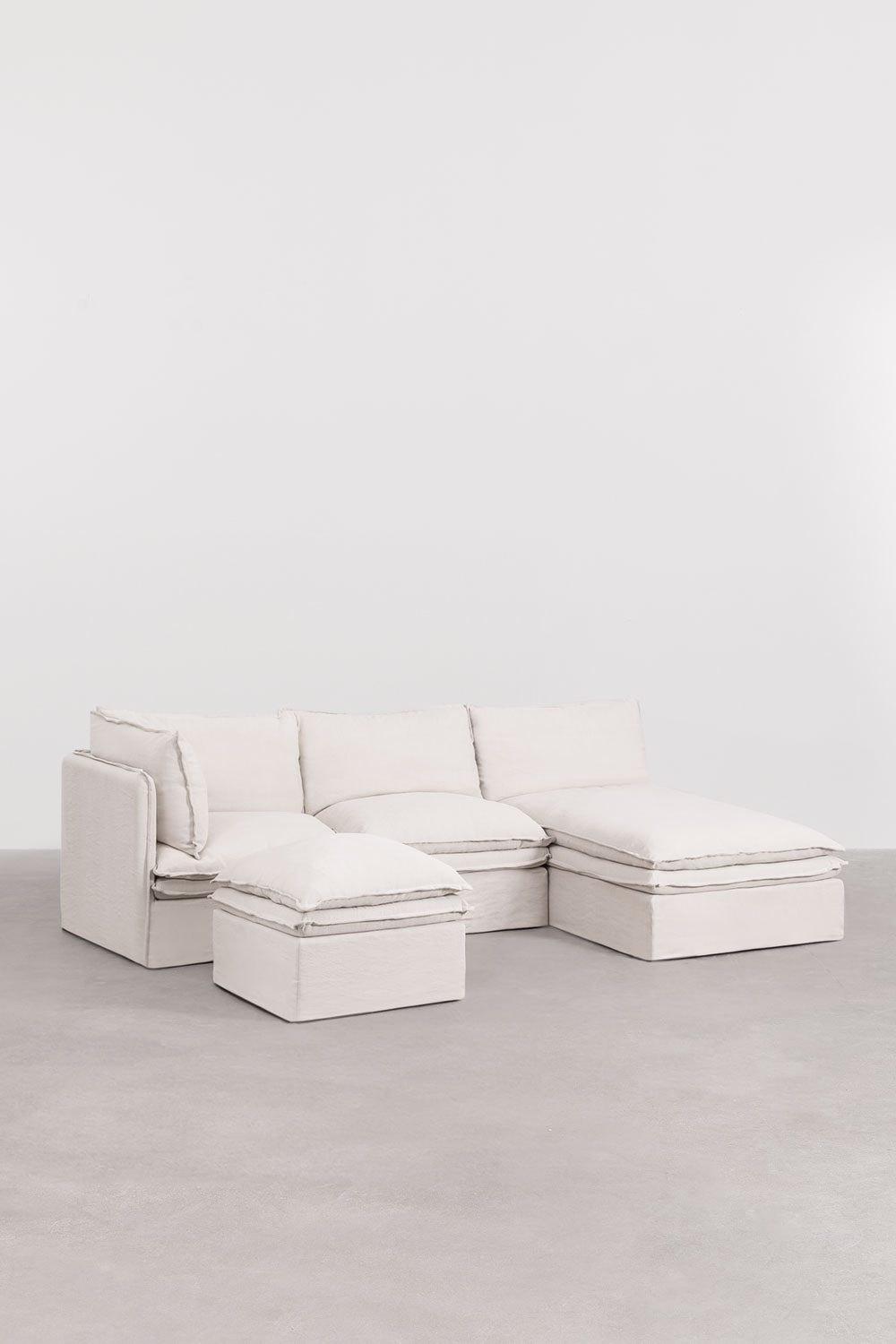 Divano componibile con chaise longue e pouf Grace in lino e cotone in 3 pezzi
