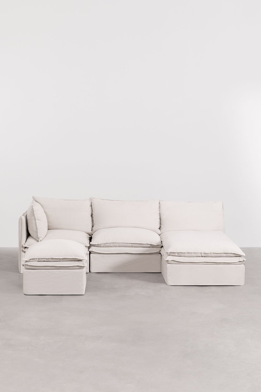 Divano componibile con chaise longue e pouf Grace in lino e cotone in 3 pezzi