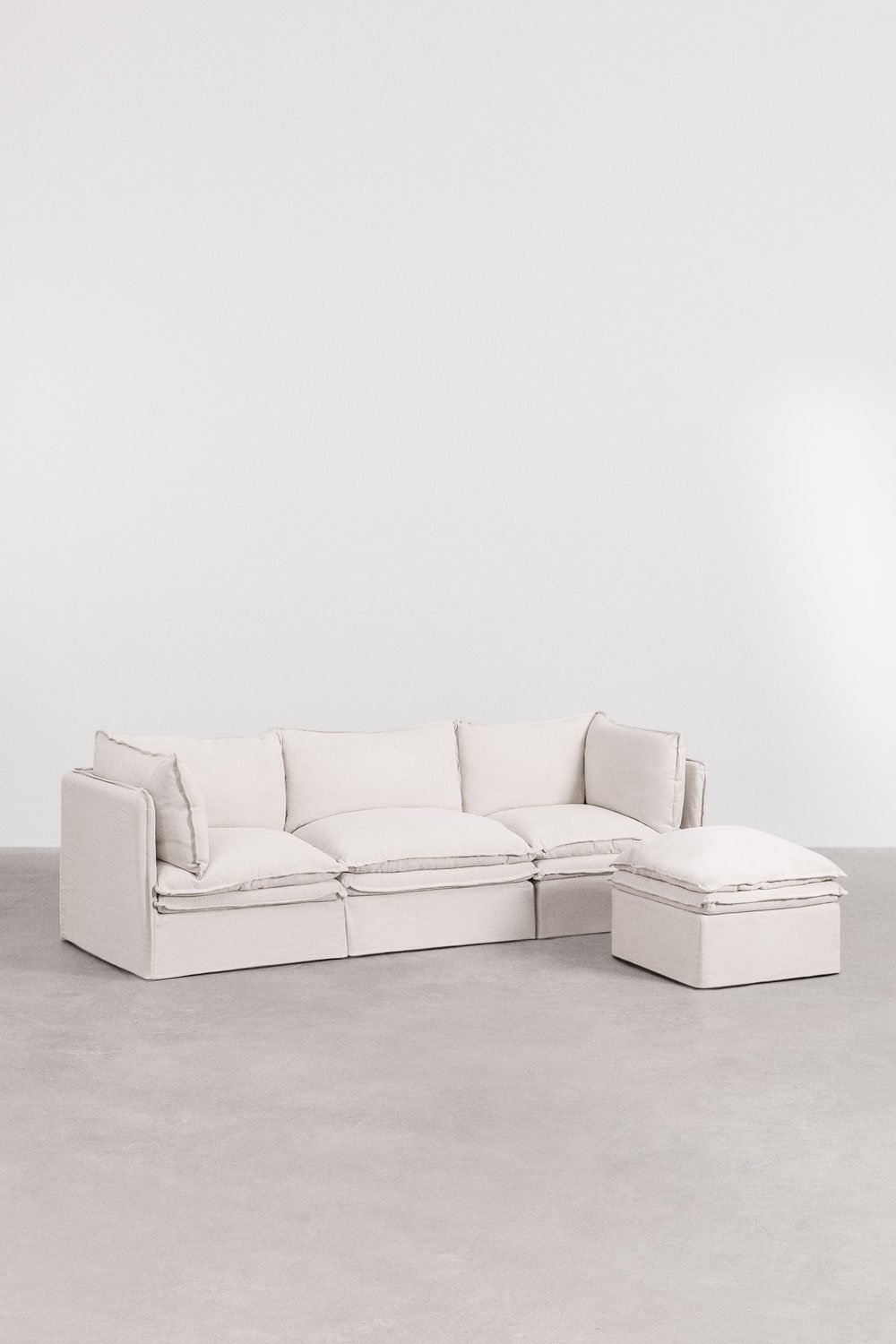Divano componibile e pouf Grace in 3 pezzi in lino e cotone