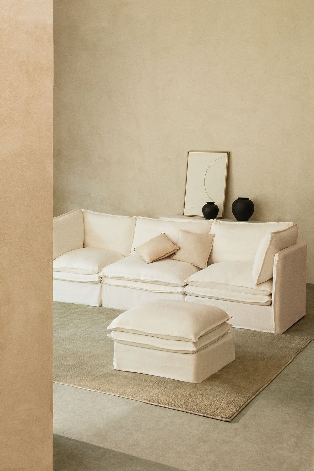 Divano componibile e pouf Grace in 3 pezzi in lino e cotone