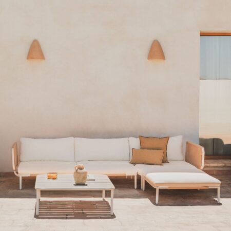 Divano da giardino componibile in 3 pezzi con 2 poltrone angolari, pouf e tavolino Roubly