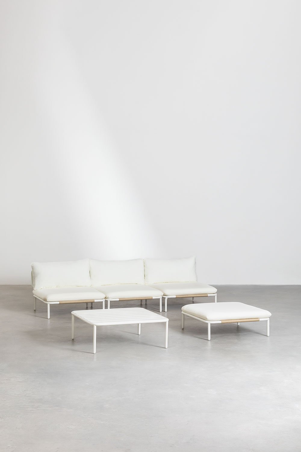 Divano da giardino componibile in 3 pezzi, pouf e tavolino Roubly