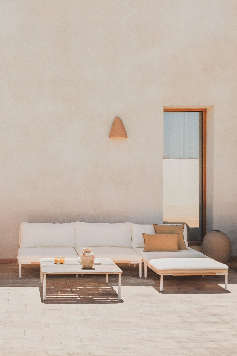 Divano da giardino componibile in 3 pezzi, pouf e tavolino Roubly
