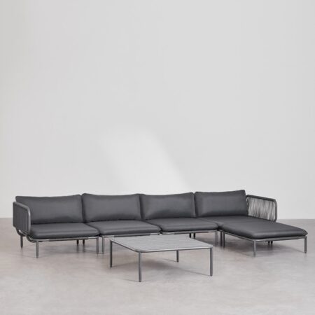 Divano da giardino componibile in 4 pezzi con 2 poltrone angolari, pouf e tavolino Roubly