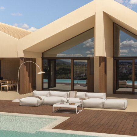Divano componibile da giardino Porto composto da 4 pezzi con chaise longue, pouf e tavolino