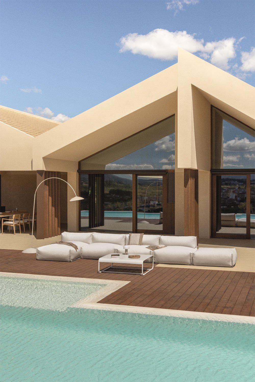 Divano componibile da giardino Porto composto da 4 pezzi con chaise longue, pouf e tavolino