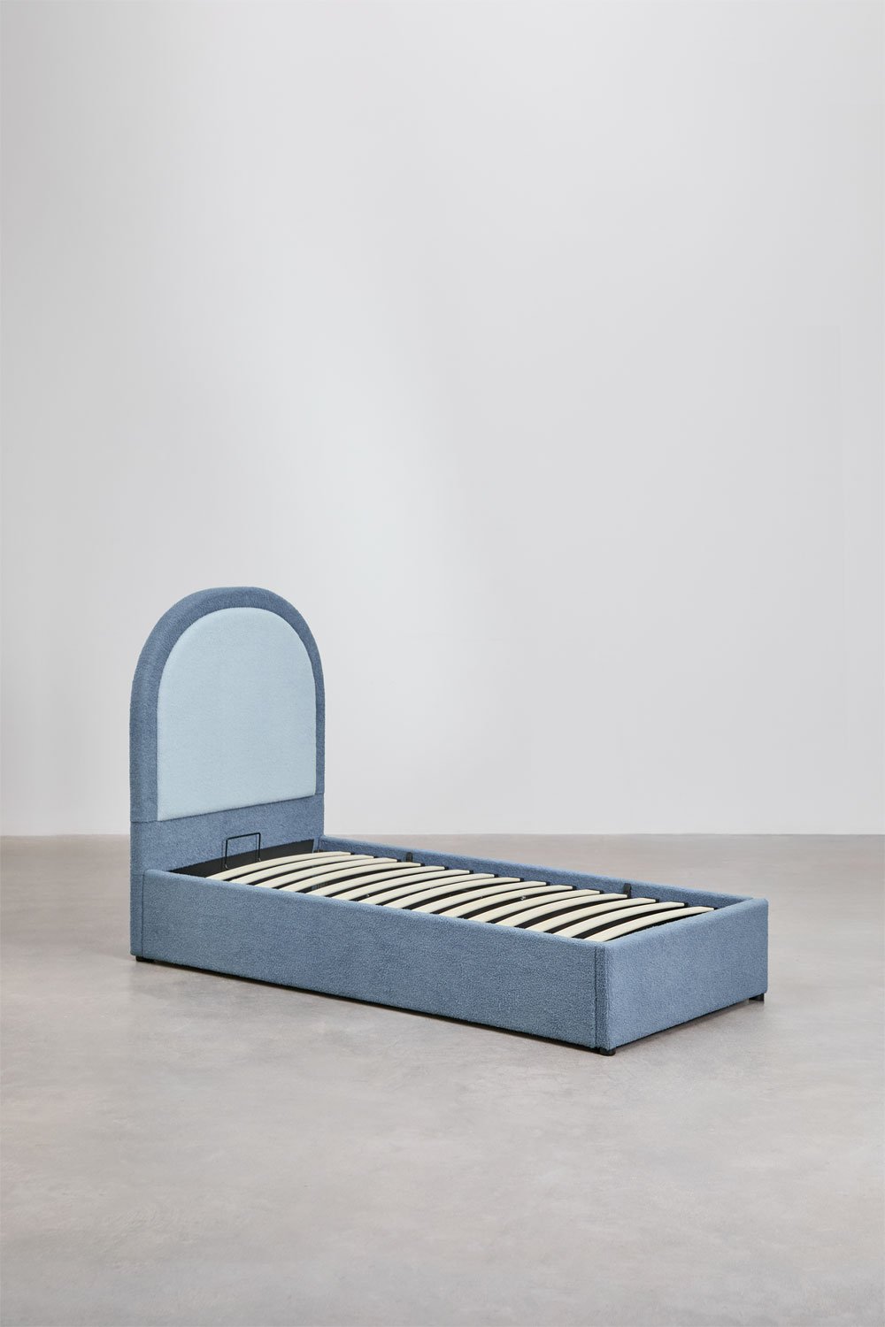 Letto con contenitore ribaltabile in tessuto bouclé Kalwa