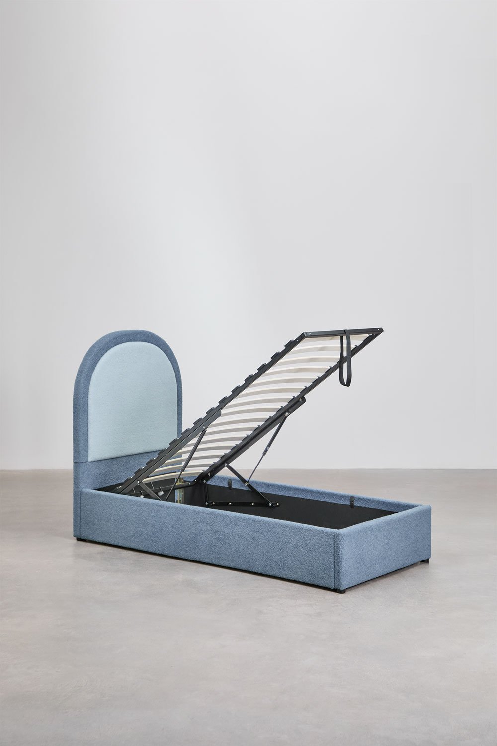 Letto con contenitore ribaltabile in tessuto bouclé Kalwa