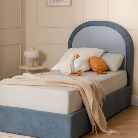 Letto con contenitore ribaltabile in tessuto bouclé Kalwa