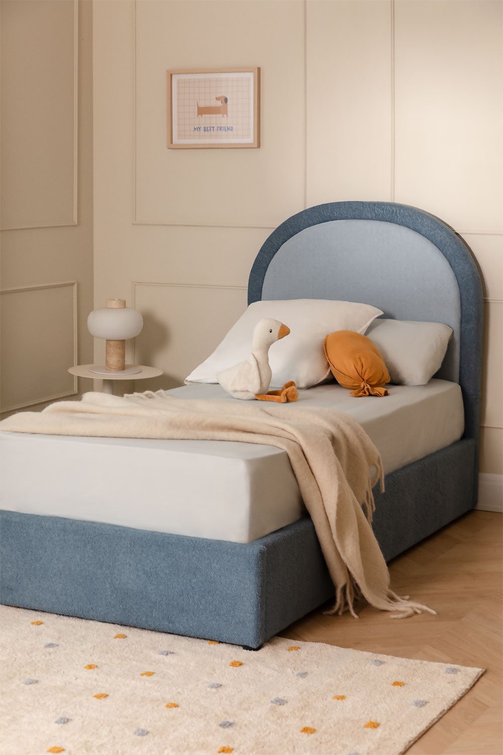 Letto con contenitore ribaltabile in tessuto bouclé Kalwa