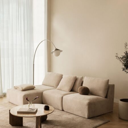 Divano modulare Temple con chaise longue sinistra in 3 pezzi, in velluto a coste sottovuoto