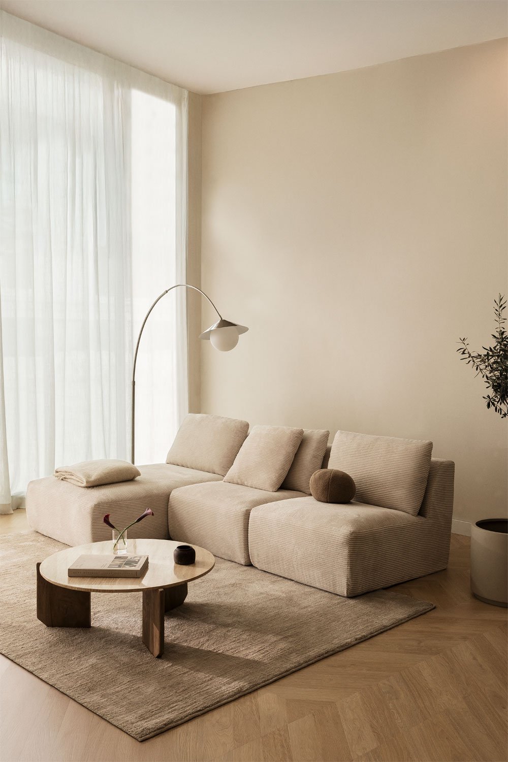Divano modulare Temple con chaise longue sinistra in 3 pezzi, in velluto a coste sottovuoto