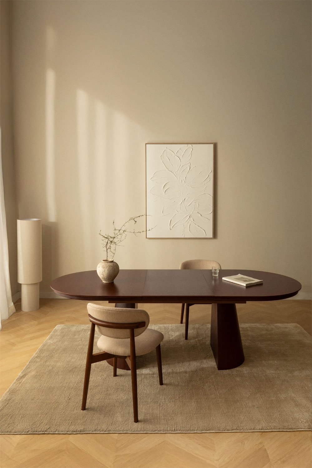 Tavolo da pranzo ovale 180-240x105 cm allungabile in MDF e impiallacciato rovere Montana