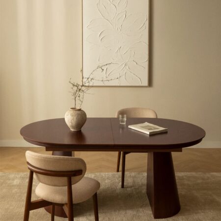 Tavolo da pranzo ovale 180-240x105 cm allungabile in MDF e impiallacciato rovere Montana