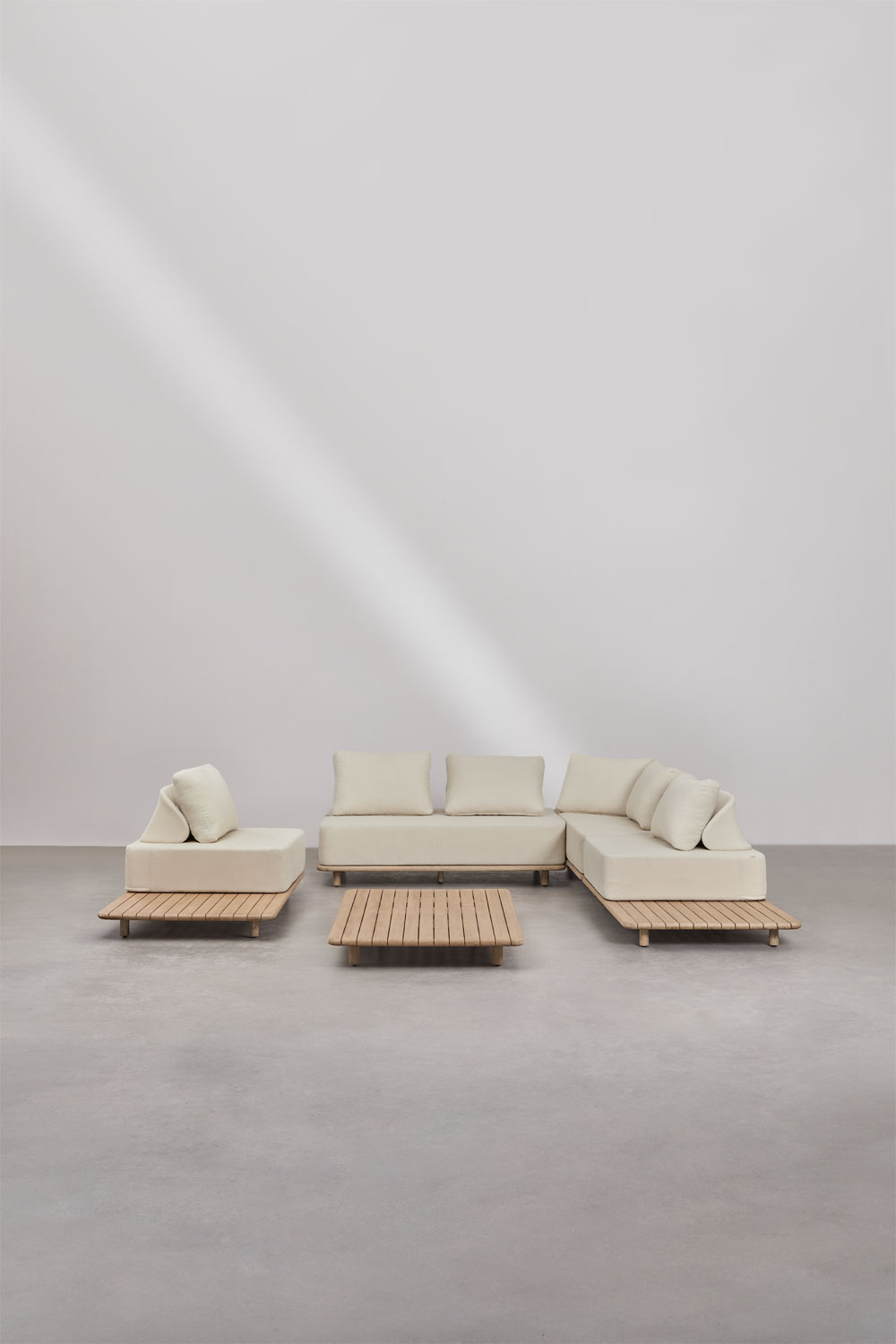 Set da giardino con divano angolare modulare 3 pezzi con tavolino laterale e tavolino da caffè 160x95 cm in acacia Portet