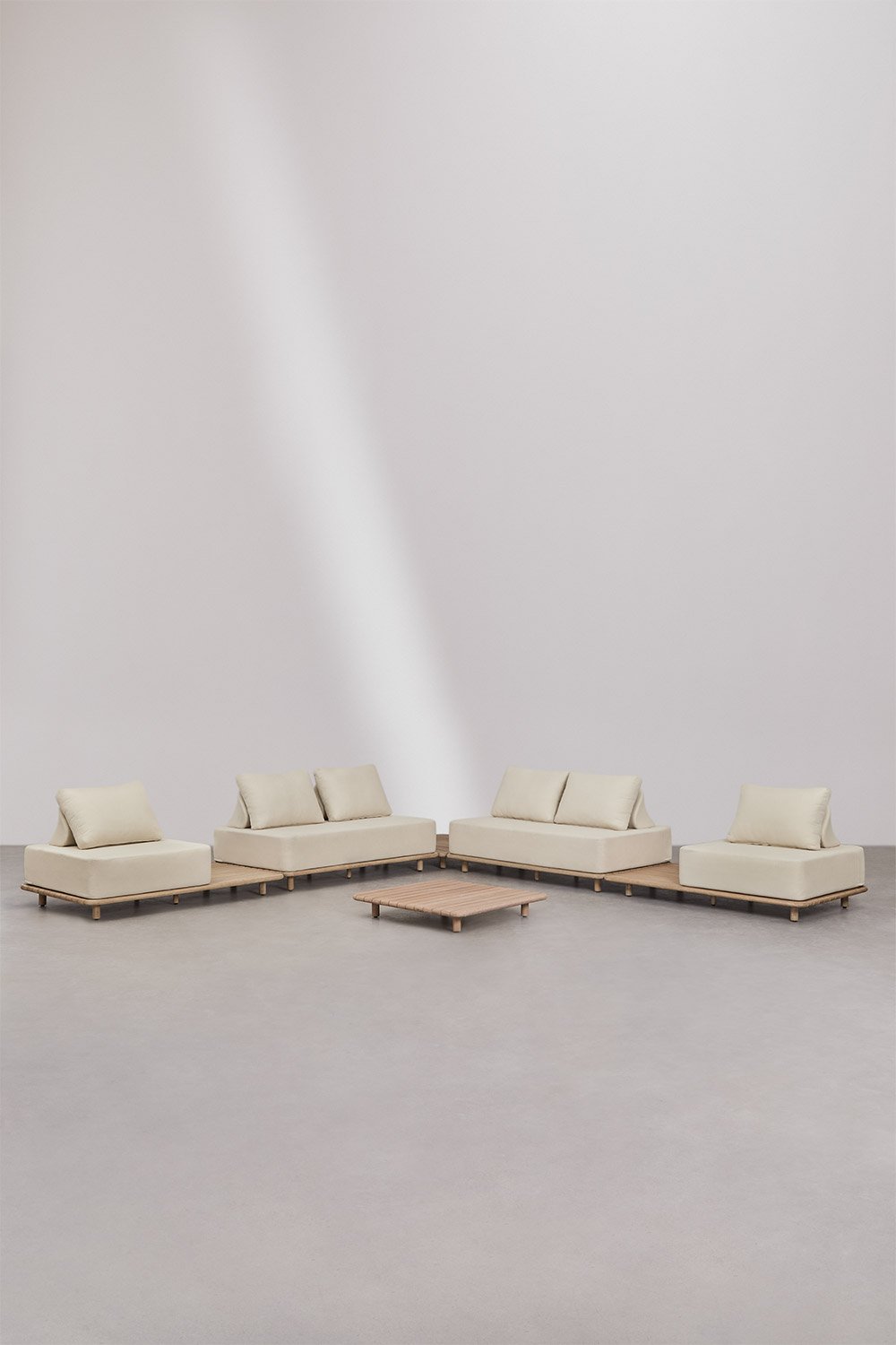 Set da giardino con divano angolare componibile 4 pezzi con tavolini laterali e tavolino 95x95 cm in acacia Portet