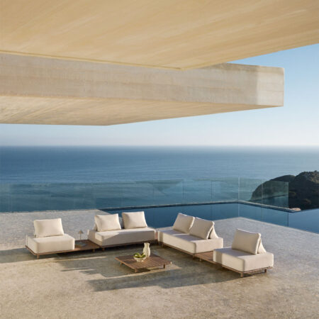 Set da giardino con divano angolare componibile 4 pezzi con tavolini laterali e tavolino 95x95 cm in acacia Portet