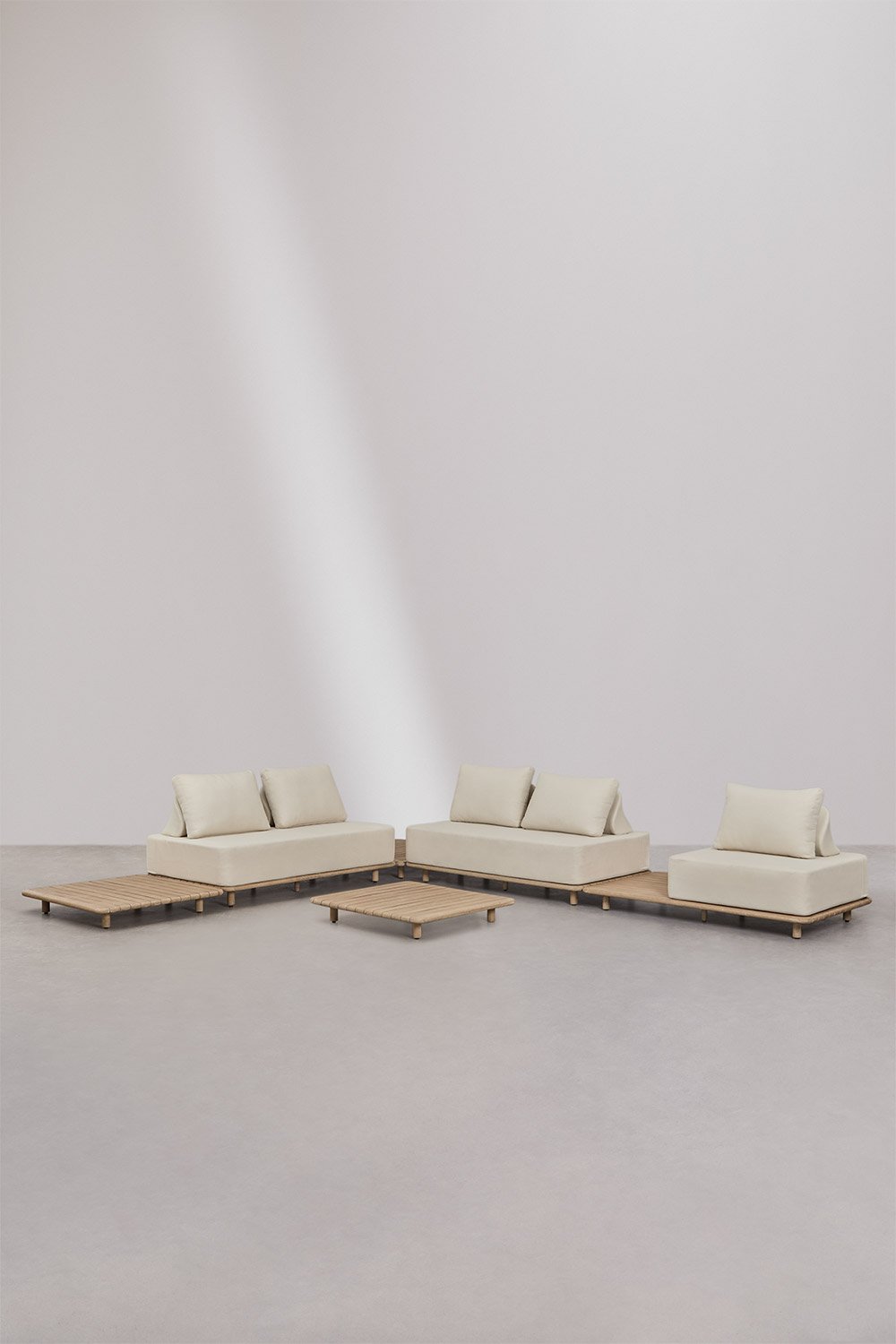 Set da giardino con divano angolare modulare 4 pezzi con tavolino laterale e tavolino 95x95 cm in acacia Portet
