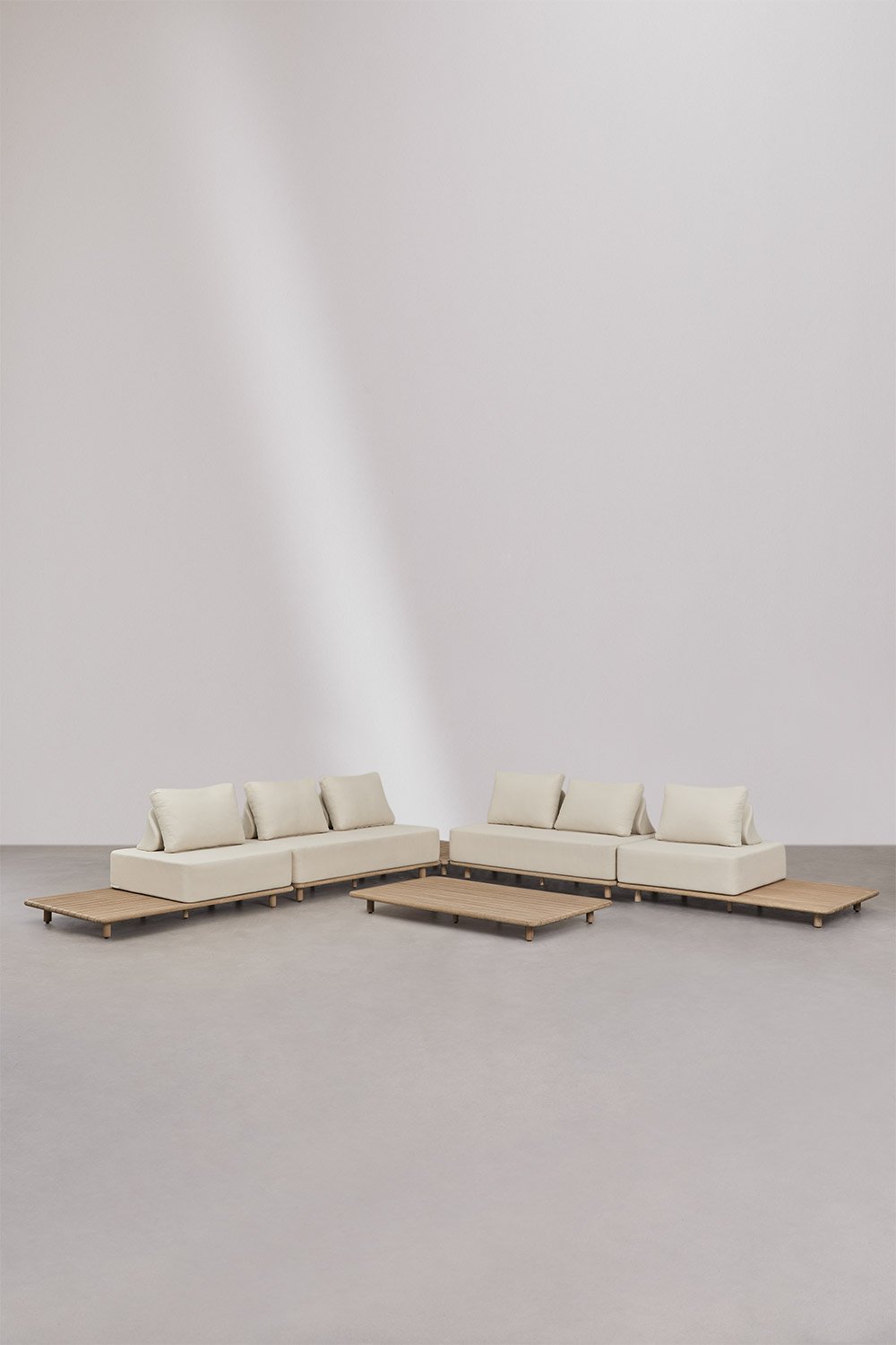 Set da giardino con divano angolare componibile 4 pezzi con tavolino laterale e tavolino basso 160x95 cm in acacia Portet