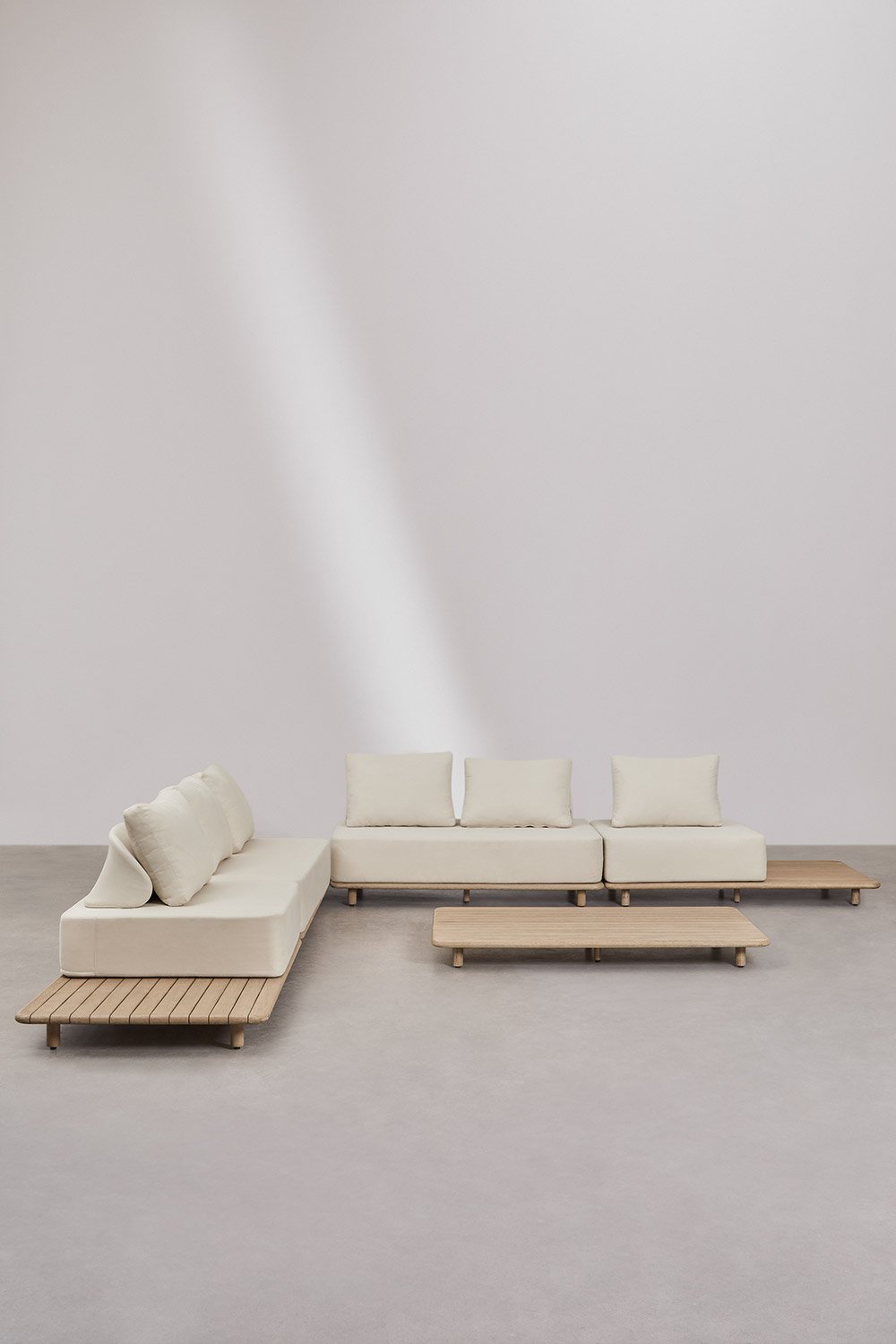 Set da giardino con divano angolare componibile 4 pezzi con tavolino laterale e tavolino basso 160x95 cm in acacia Portet