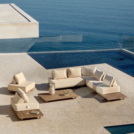 Set da giardino con divano angolare componibile 5 pezzi con tavolino laterale e tavolino basso 160x95 cm in acacia Portet