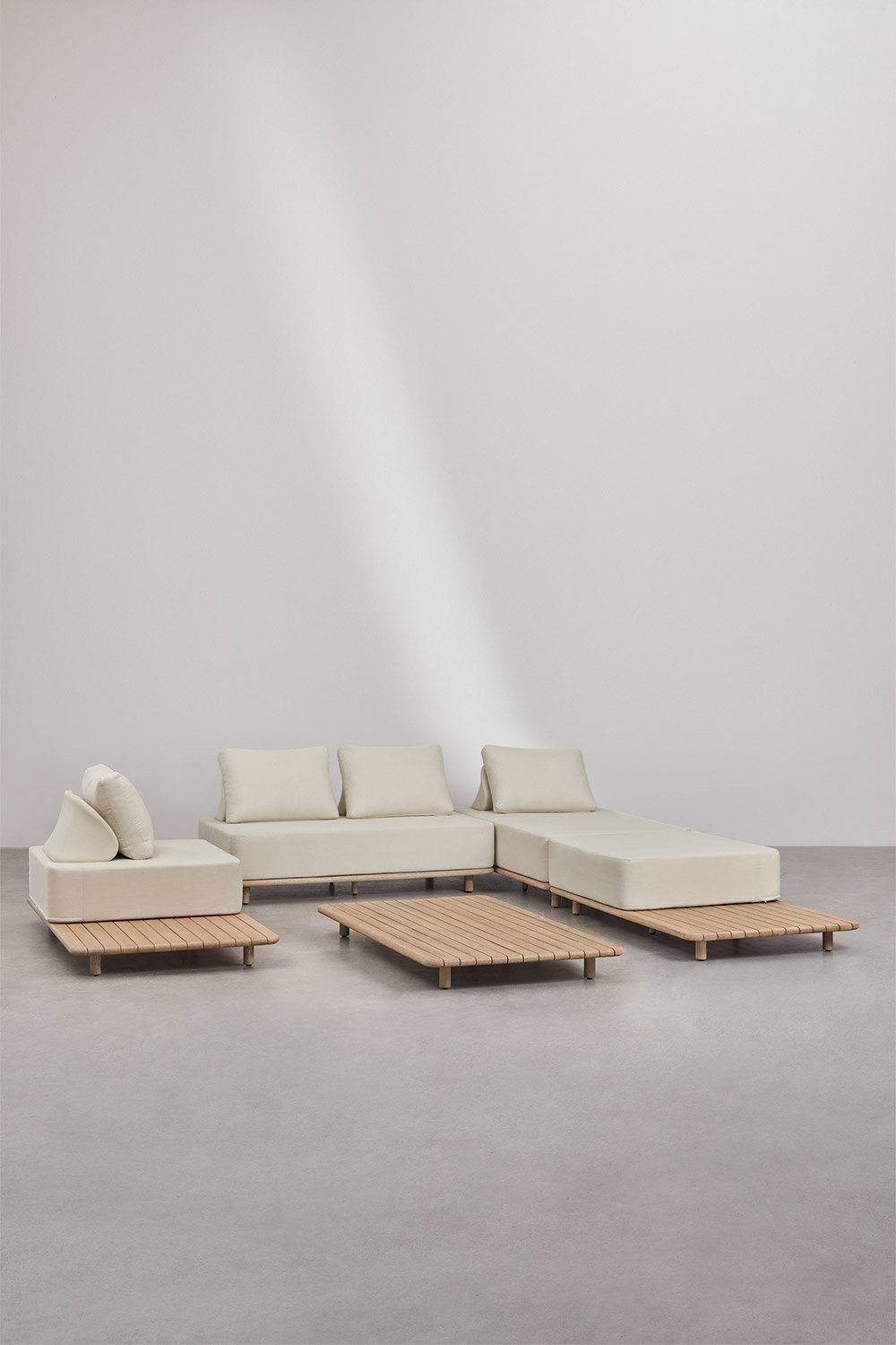 Set da giardino con divano chaise longue modulare 3 pezzi, tavolino, poltrona e tavolino 160x95 cm in acacia Portet