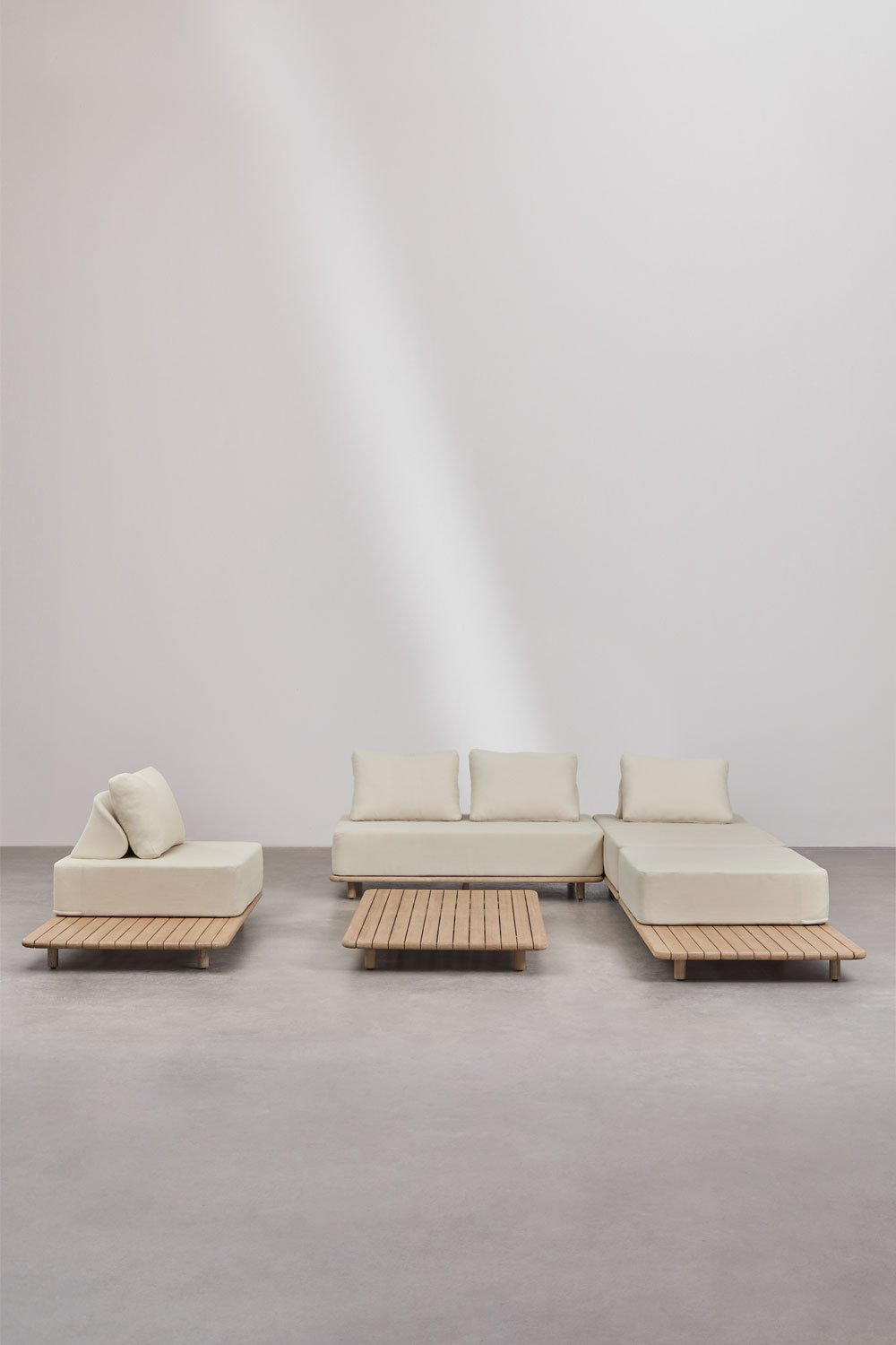 Set da giardino con divano chaise longue modulare 3 pezzi, tavolino, poltrona e tavolino 160x95 cm in acacia Portet