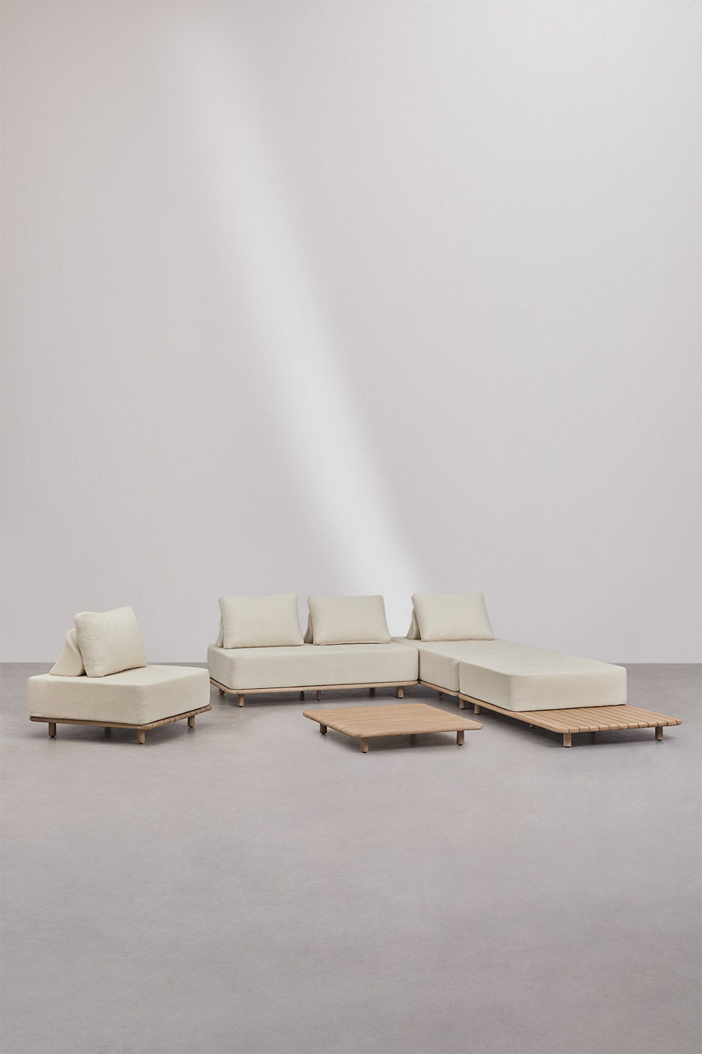 Set da giardino con divano chaise longue modulare 3 pezzi, tavolino, poltrona e tavolino 95x95 cm in acacia Portet