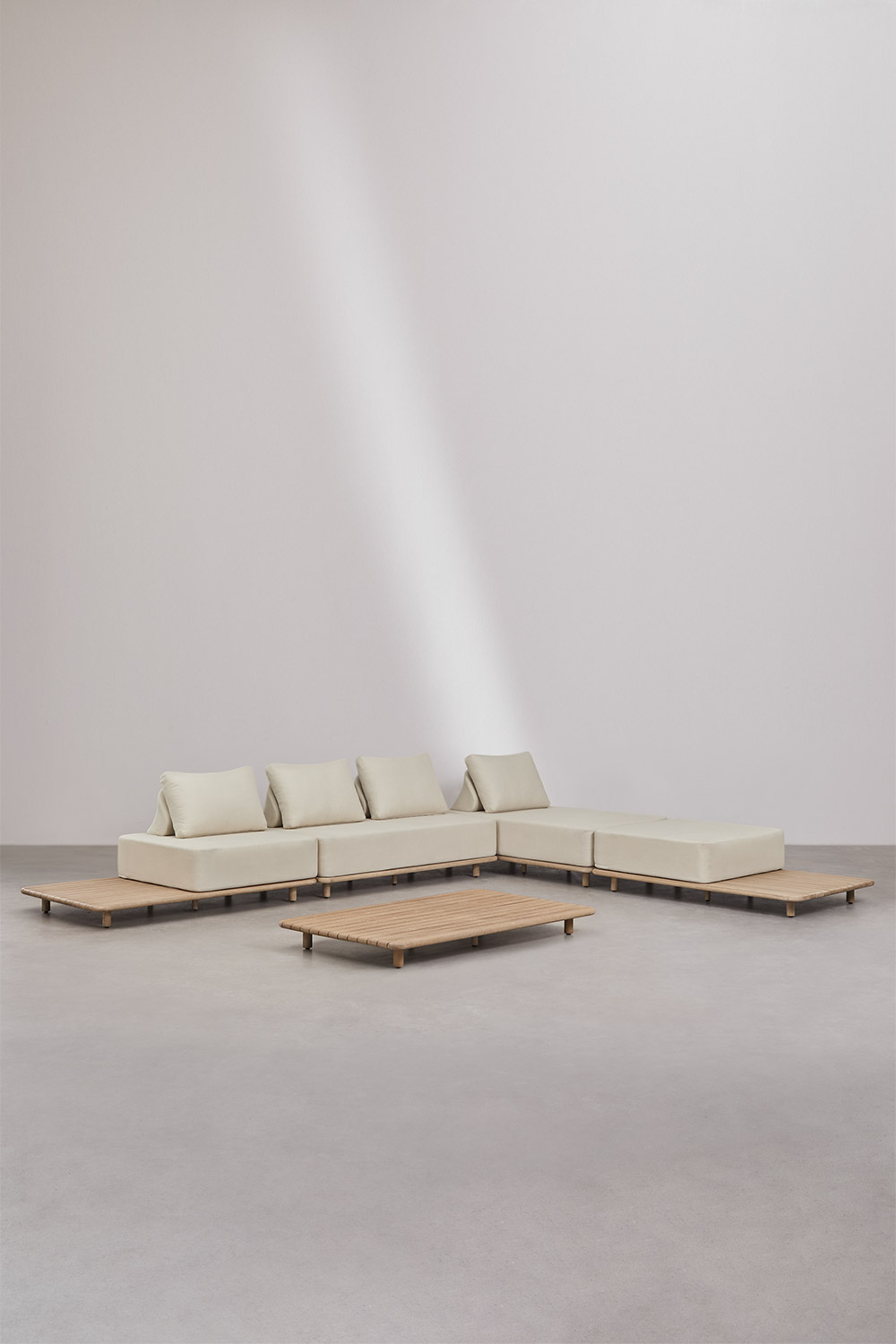 Set da giardino con divano chaise longue modulare 4 pezzi con tavolino laterale e tavolino basso 160x95 cm in acacia Portet