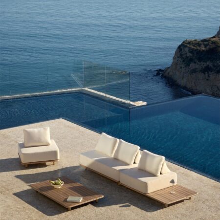 Set da giardino con divano componibile 2 pezzi con tavolino, poltrona e tavolino 160x95 cm in acacia Portet