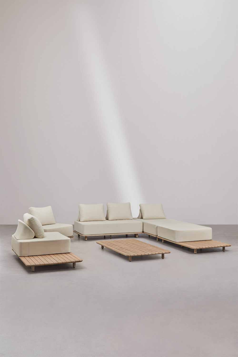 Set da giardino con divano componibile 3 pezzi,chaise longue,tavolino,2 poltrone e tavolino 160x95 cm in legno di acacia Portet