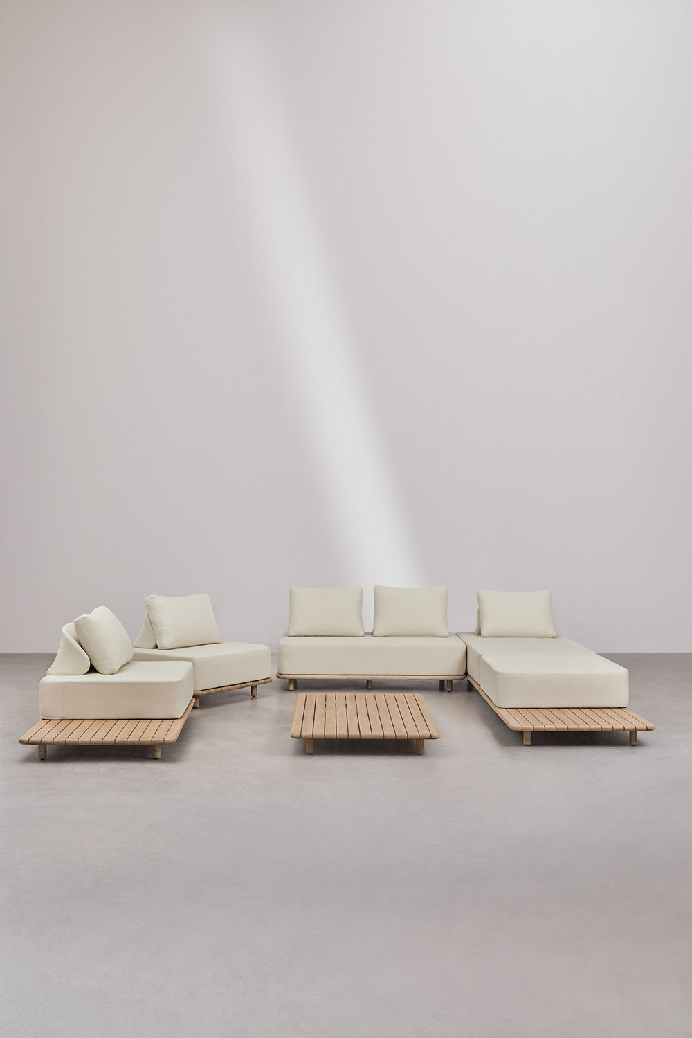 Set da giardino con divano componibile 3 pezzi,chaise longue,tavolino,2 poltrone e tavolino 160x95 cm in legno di acacia Portet