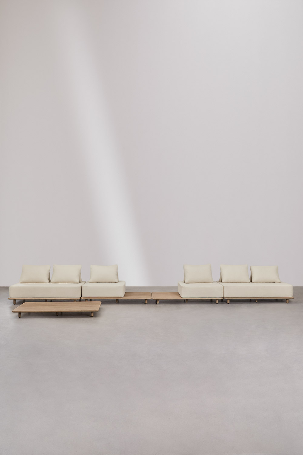 Set da giardino con divano componibile 4 pezzi con tavolino laterale e tavolino basso 160x95 cm in acacia Portet