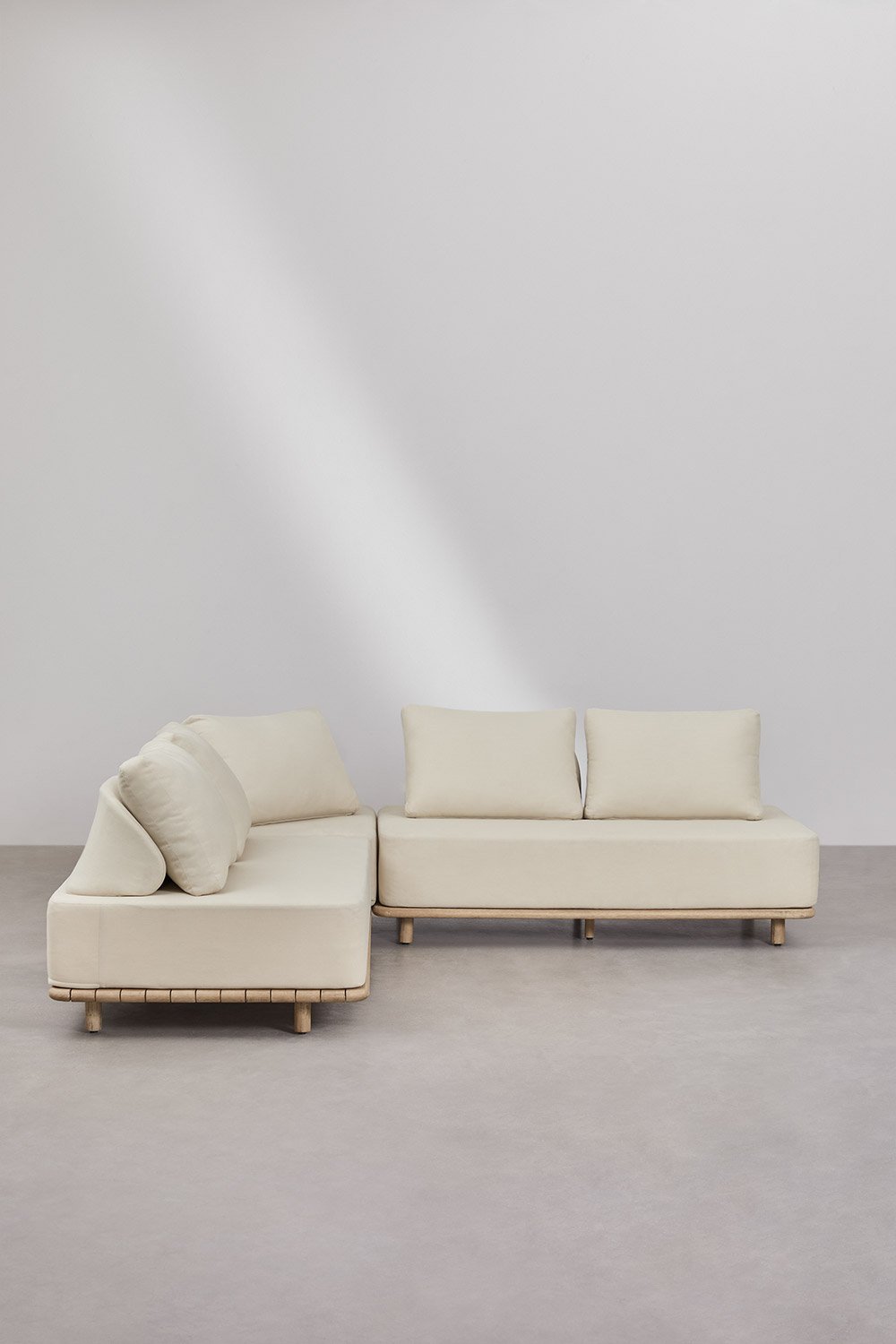 Set da giardino Portet con divano angolare modulare in acacia, 3 pezzi
