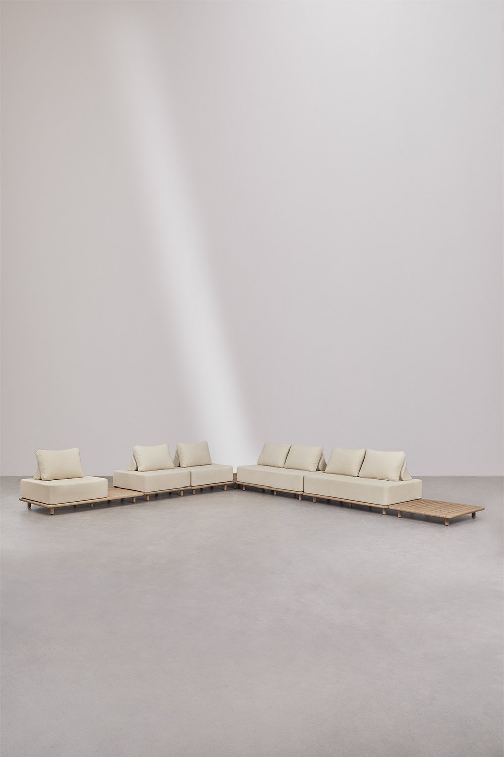 Set da giardino con divano angolare modulare 5 pezzi con tavolino laterale e tavolino laterale 95x95 cm in acacia Portet
