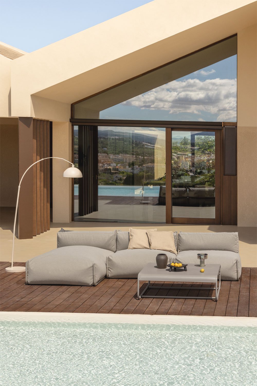 Set da giardino Porto con divano chaise longue modulare a 3 pezzi e tavolino da caffè