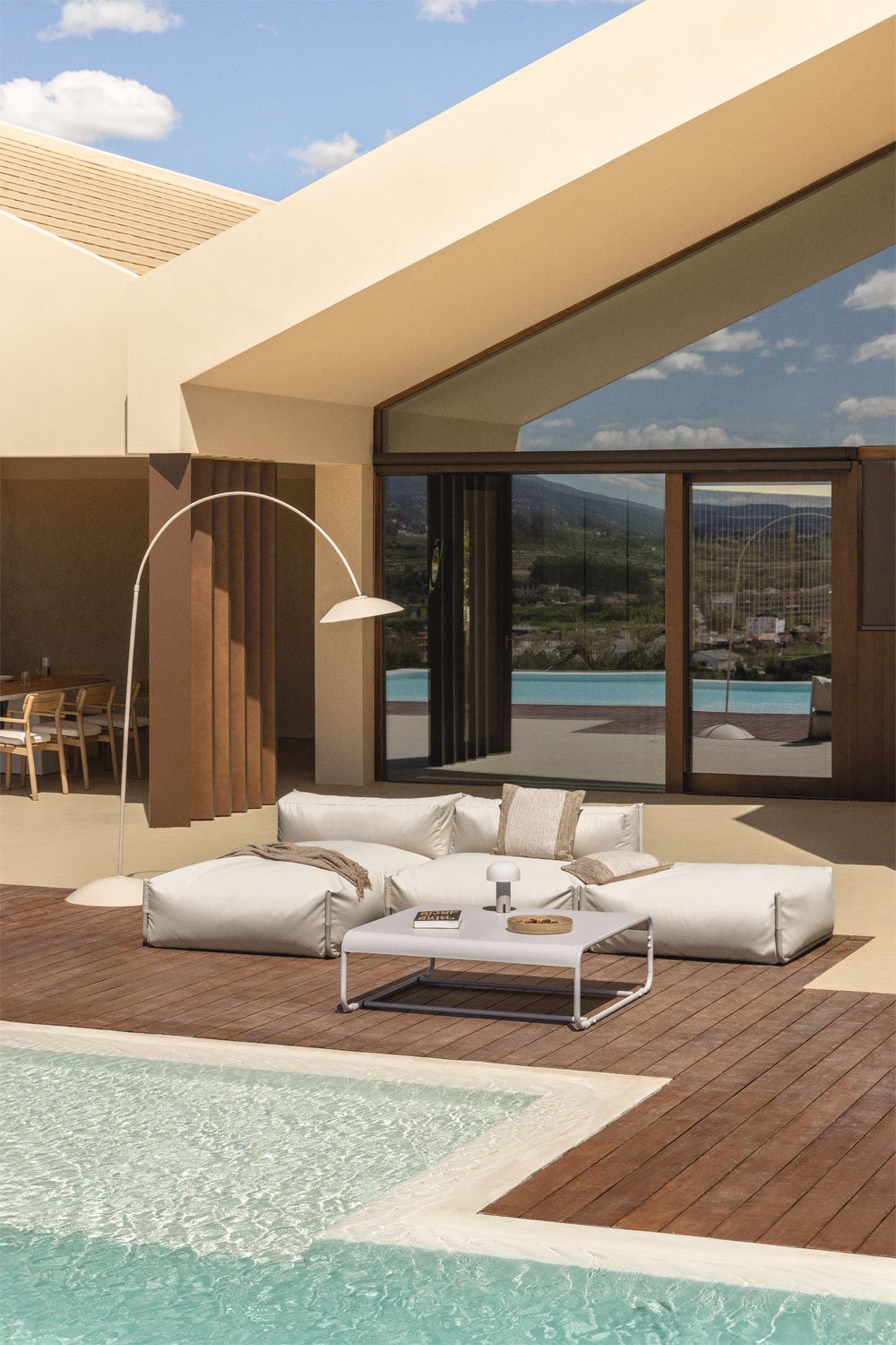 Set da giardino Porto con divano chaise longue modulare da 2 pezzi, pouf e tavolino