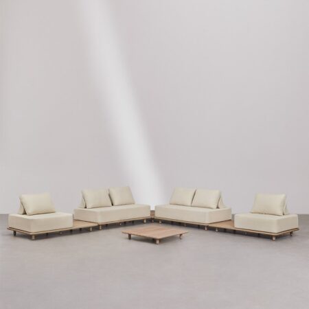 Set da soggiorno con divano angolare componibile a 4 pezzi con tavolini laterali e tavolino da caffè 95x95 cm in acacia Portet.