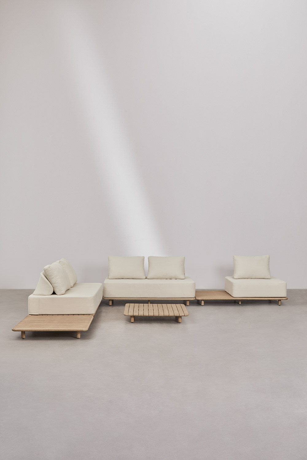 Set da soggiorno con divano angolare componibile a 4 pezzi con tavolino laterale e tavolino da caffè, 95x95 cm, in acacia Portet