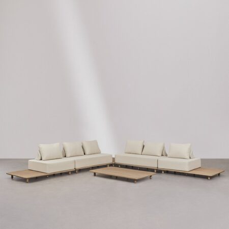 Set da soggiorno con divano angolare modulare da 4 pezzi, tavolino laterale e tavolino da caffè, 160 x 95 cm, in acacia Portet.