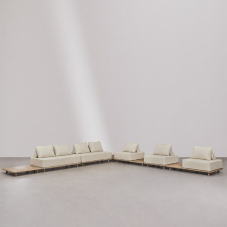 Set da salotto con divano modulare angolare a 5 pezzi con tavolini in acacia Portet