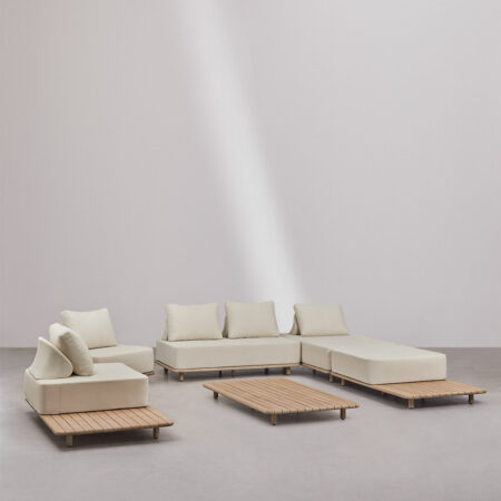 Set da soggiorno con divano chaise longue modulare da 3 pezzi, tavolino, 2 poltrone e tavolino da caffè 160x95 cm in acacia Port