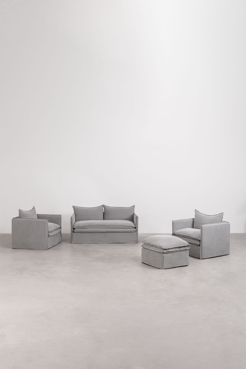 Set da soggiorno Grace in lino e cotone con divano 2 posti, 2 poltrone e pouf