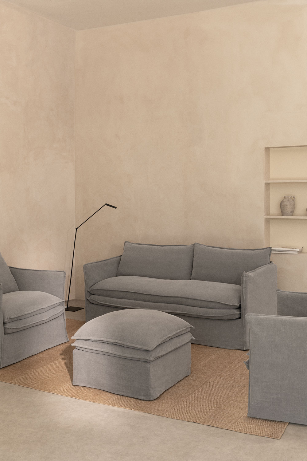 Set da soggiorno Grace in lino e cotone con divano 2 posti, 2 poltrone e pouf