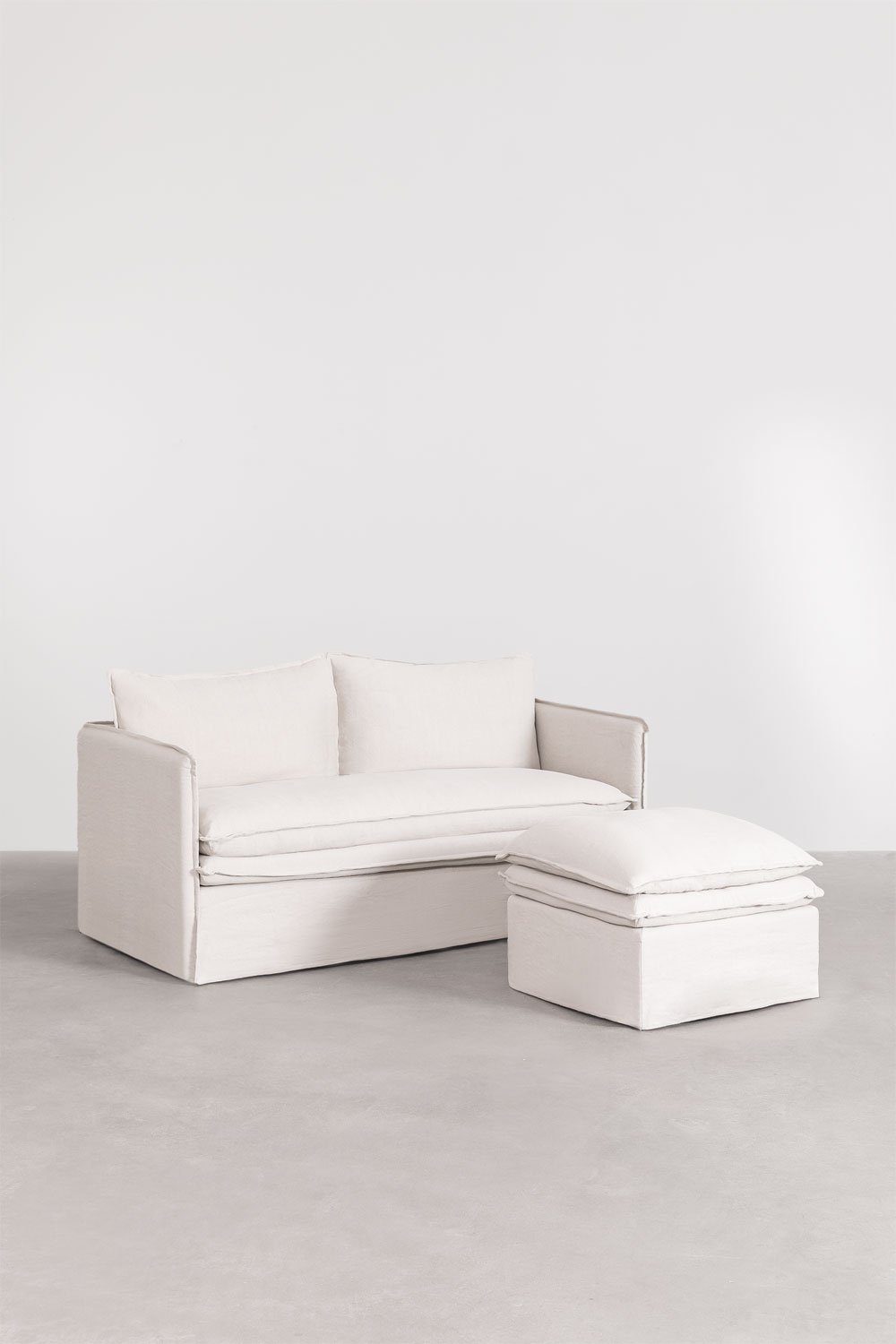 Set da soggiorno Grace in lino e cotone con divano 2 posti e pouf