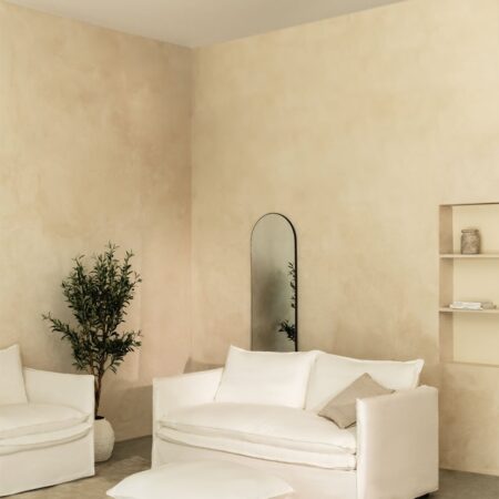 Set da soggiorno Grace in lino e cotone con divano 2 posti e pouf