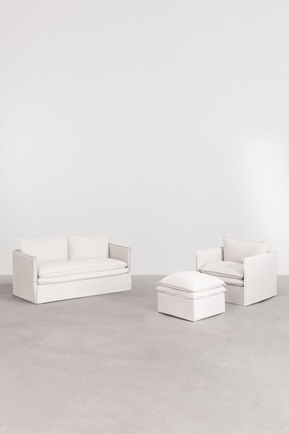 Set da soggiorno Grace in lino e cotone con divano 2 posti, poltrona e pouf