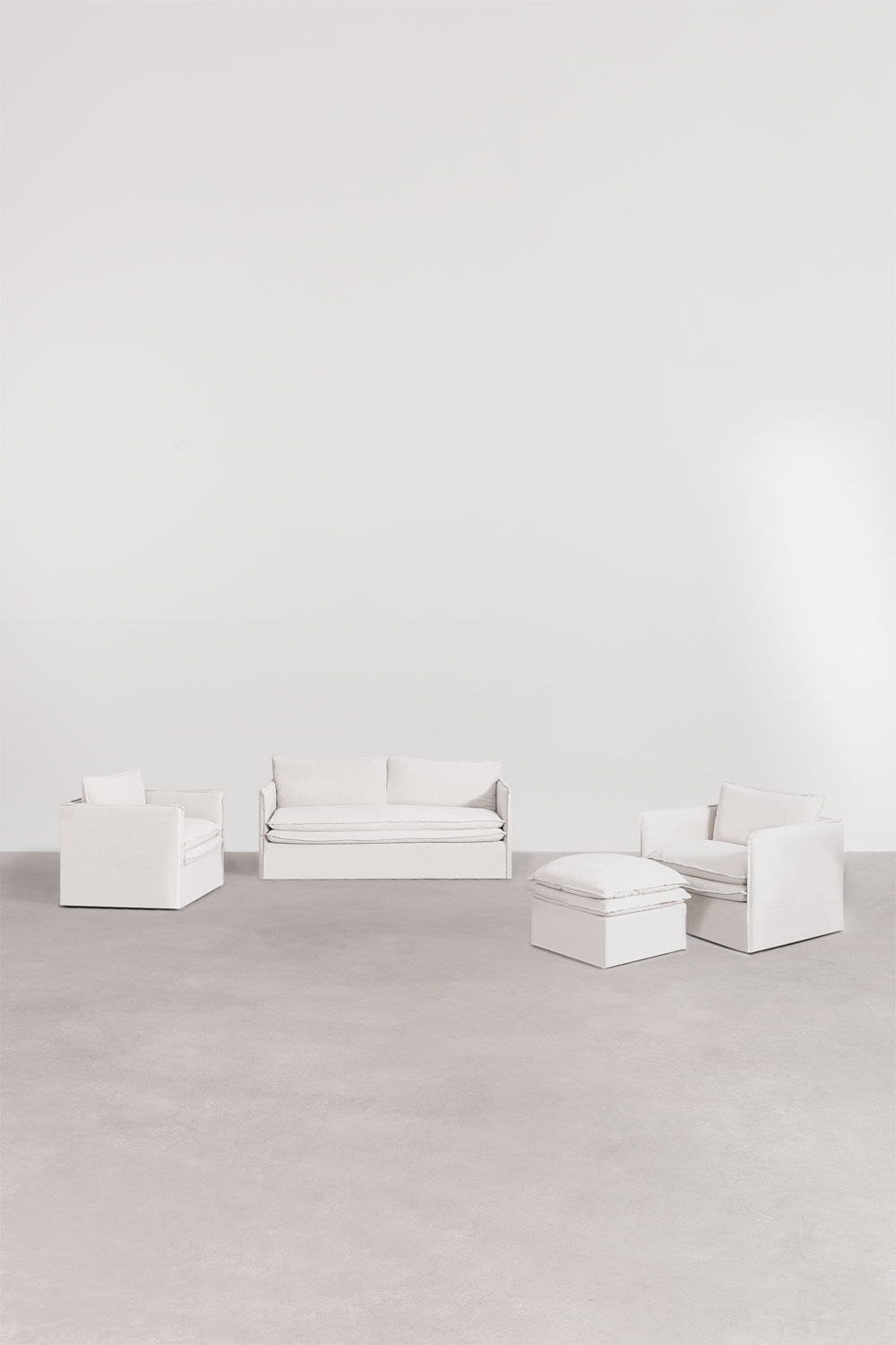Set da soggiorno Grace in lino e cotone con divano 3 posti, 2 poltrone e pouf