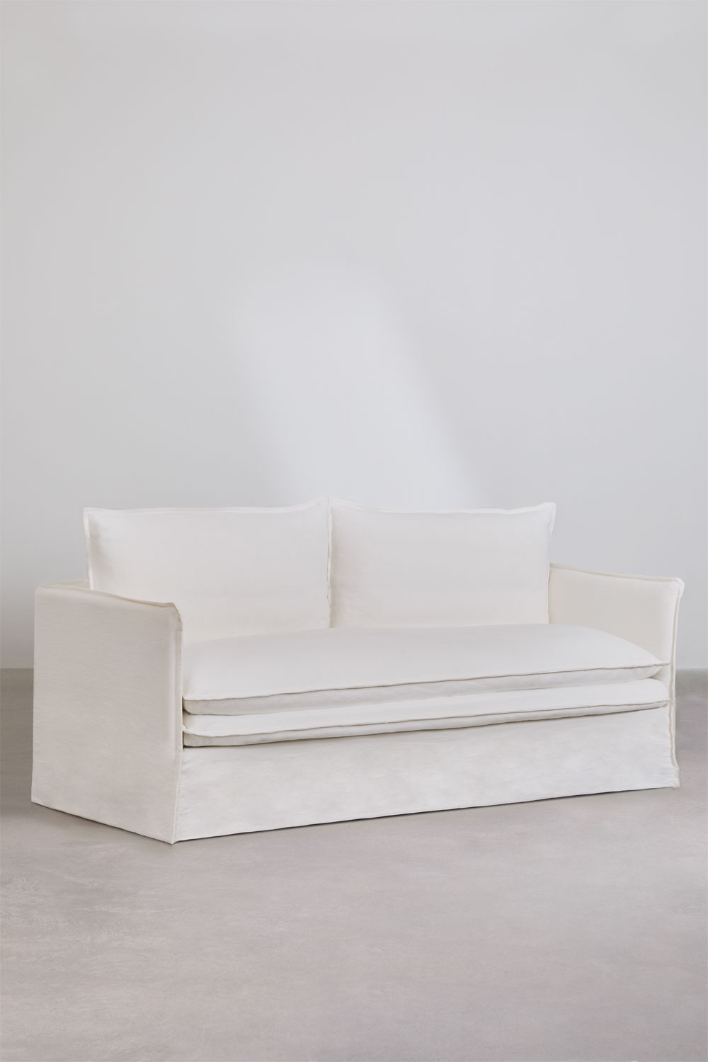 Set da soggiorno Grace in lino e cotone con divano 3 posti, 2 poltrone e pouf