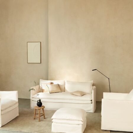 Set da soggiorno Grace in lino e cotone con divano 3 posti, 2 poltrone e pouf